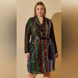 Multicolor Sequined Wrap Tuxedo Dress with Mesh Sleeves by Ashley Stewart, 26/28